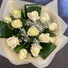 Dozen white rose handtied bouquet