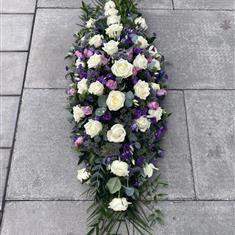 White rose and purple lissy casket spray